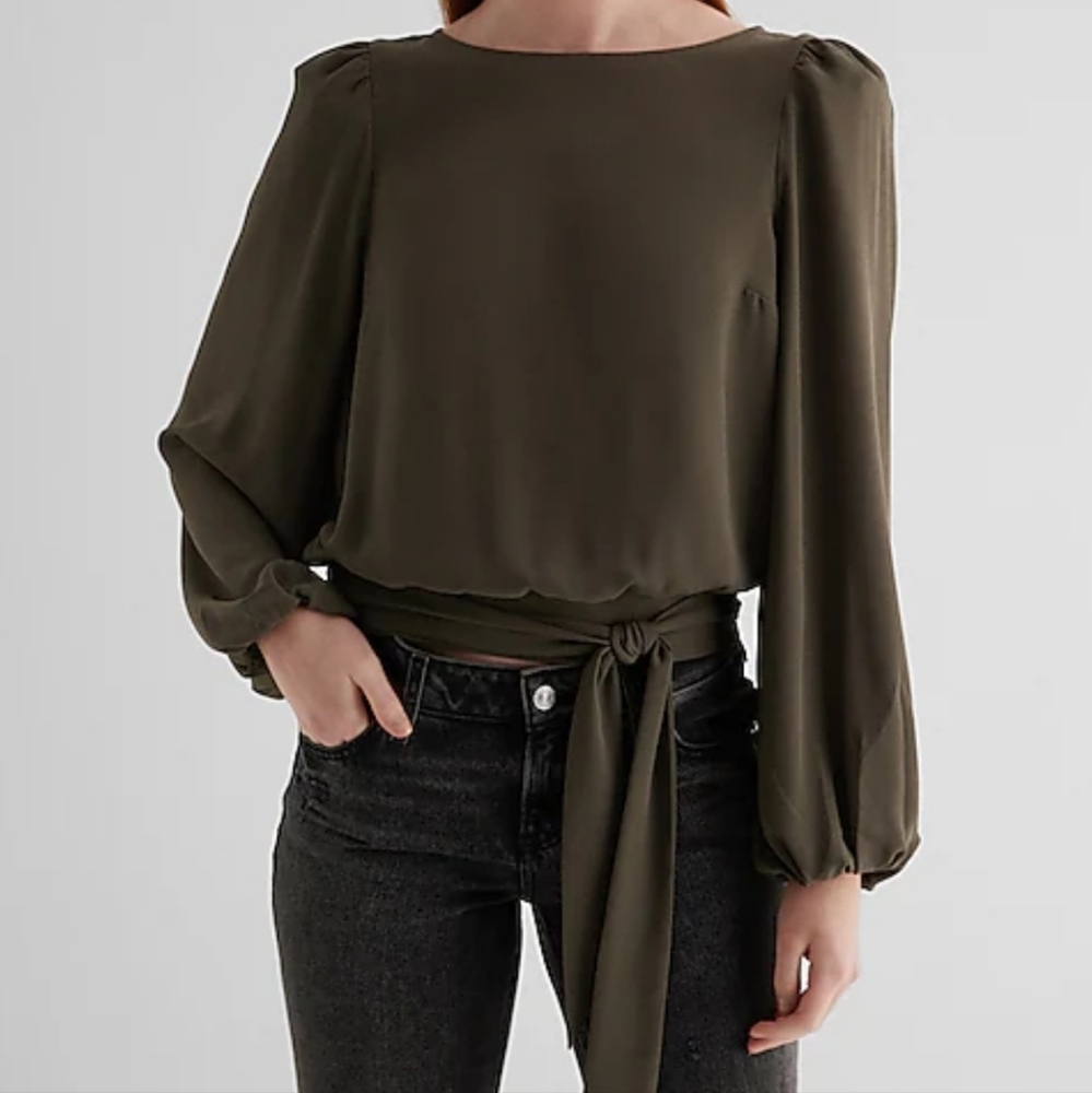 NWT Express Crew Neck Balloon Sleeve Tie Waist Top